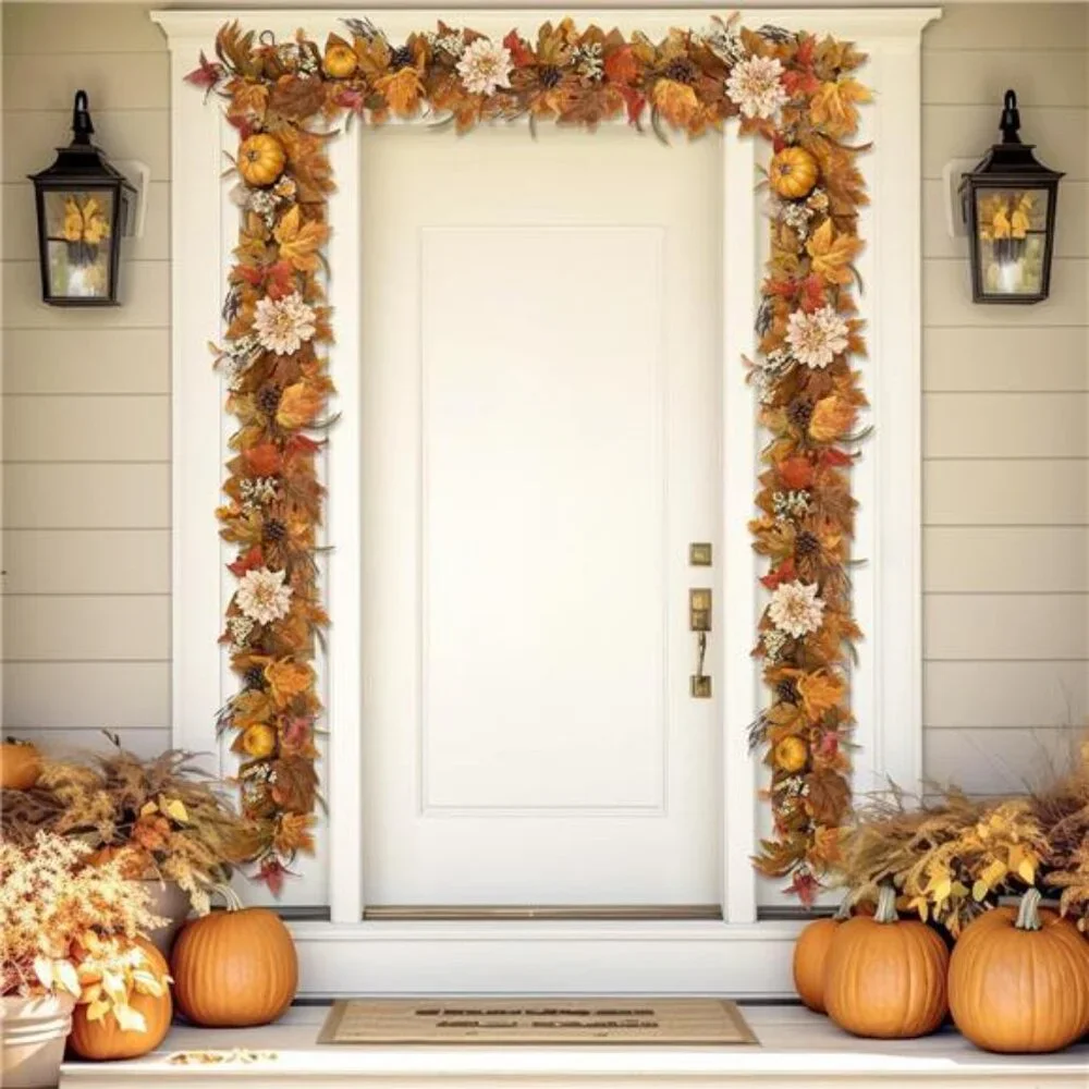 Fall Garland 6Ft Lifelike Autumn Maples Leaf Pumpkin Garland with Berries Pine